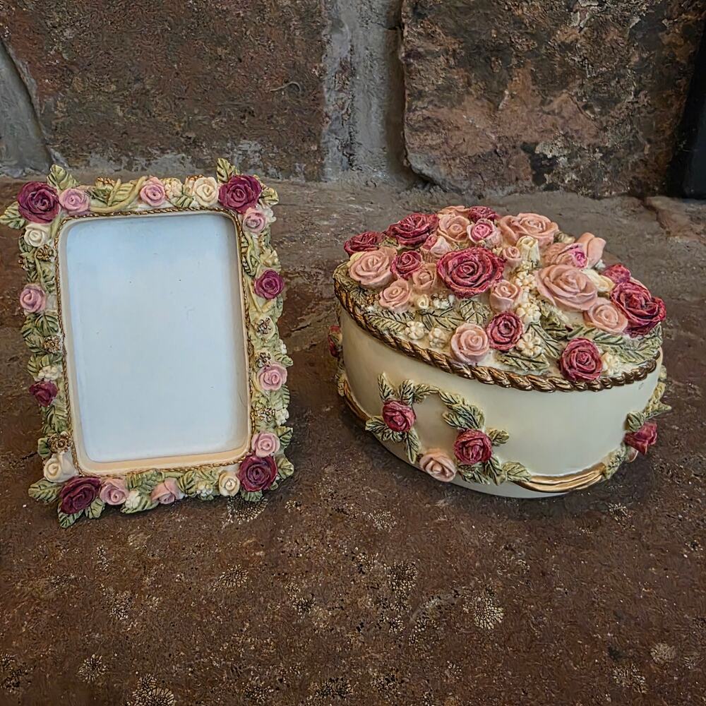 Vintage Dezine Hand painted Pink Roses Frame Jewelry Box Shabby Chic Vanity Set